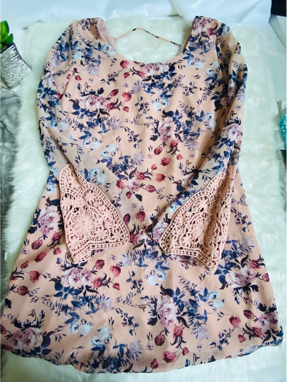 Speechless Floral Pink Bell Sleeve Dress with Crochet Detail
